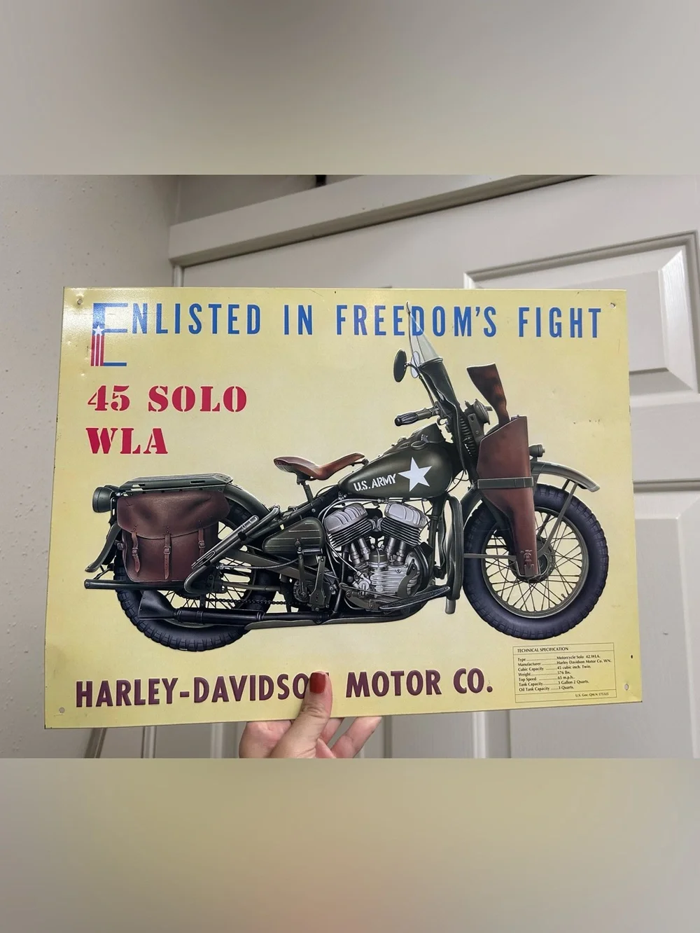 vintage-style metal sign  the classic olive-green World War II Harley-Davidson